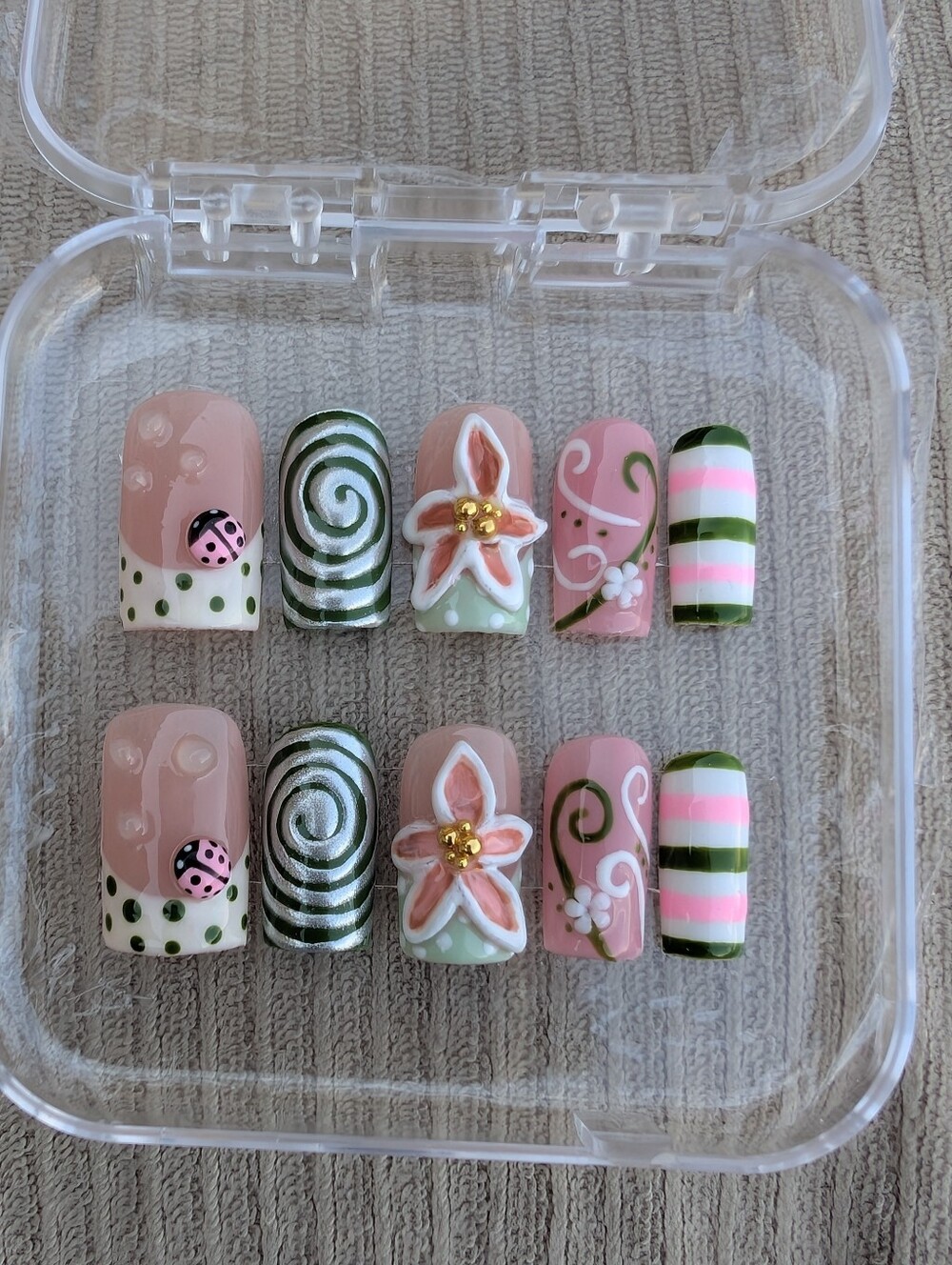 Pink & Green Ladybug-Floral Press-On Nail Set
